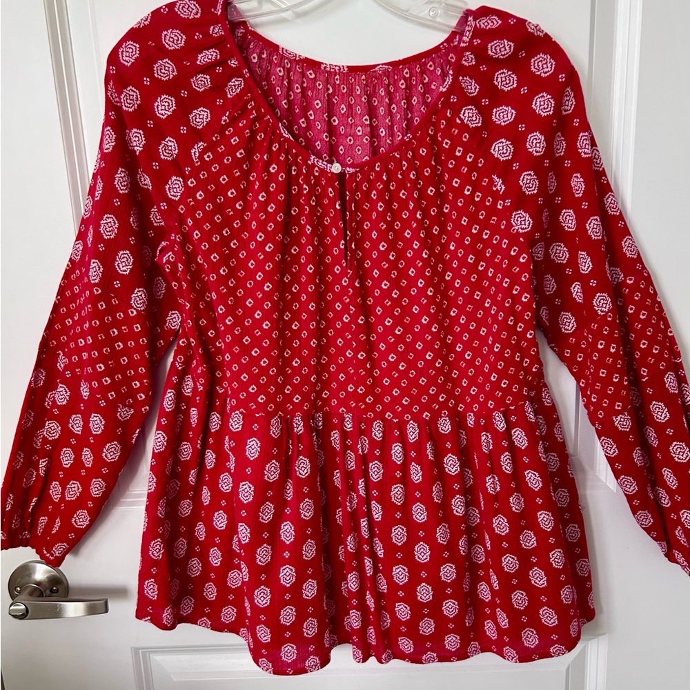 LOFT Red Printed Peplum Blouse